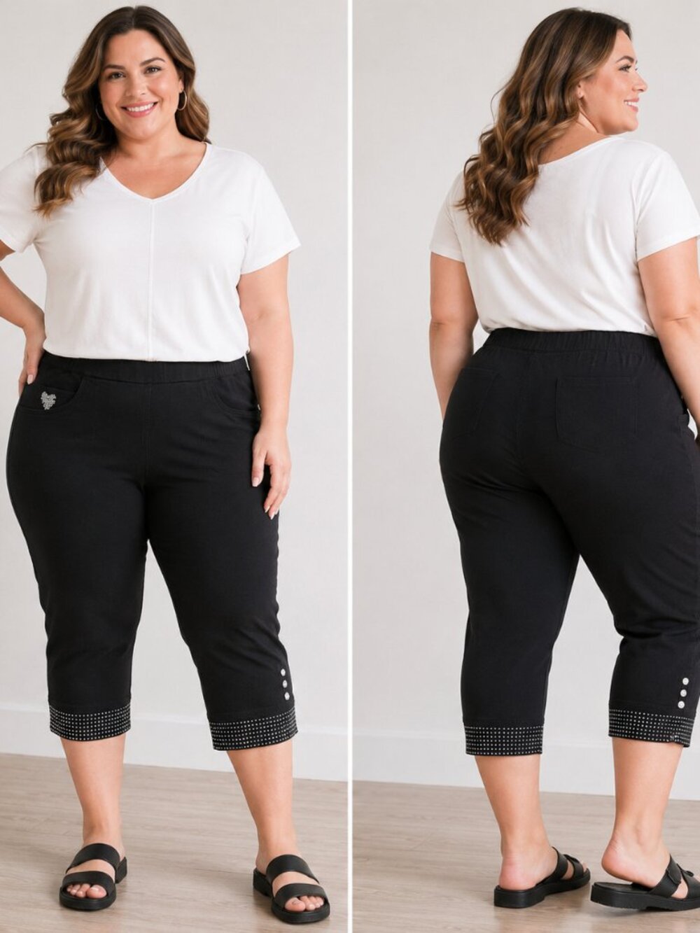 Dream Jeans by Quickly Today Black Capri Leggings 1X Rhinestone Studded Hem